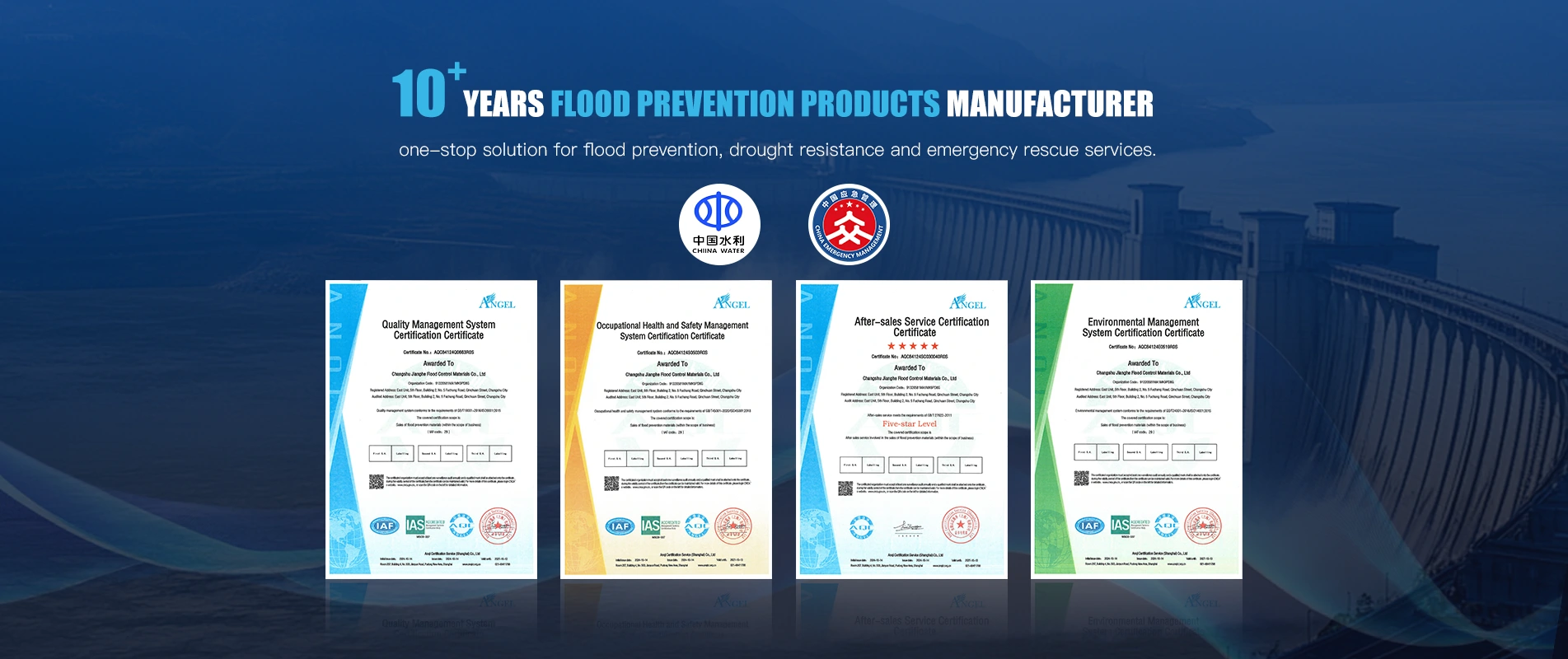 Sản phẩm phòng chống lũ lụt Jianghe Giấy chứng nhận và chứng nhận chất lượng ISO 9001 và ISO 14001